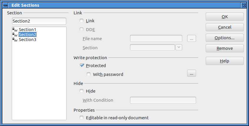 Edit Sections in LibreOffice to select what is protected and not protected.