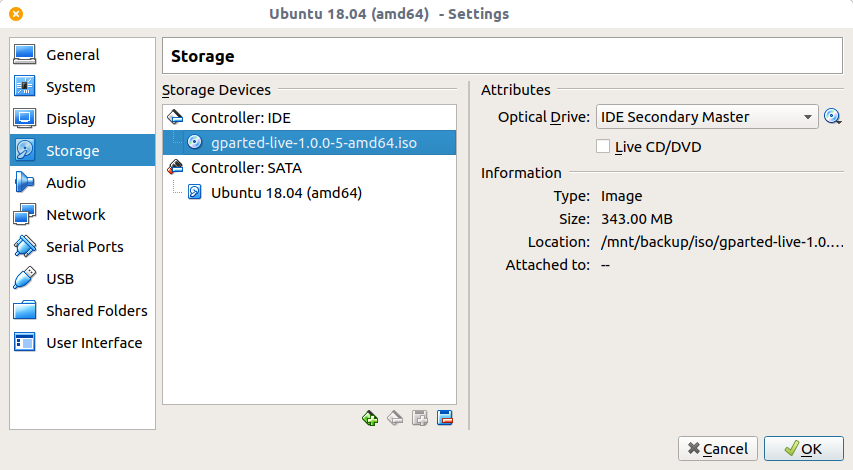 Setting up the gparted live CD in your controller in a virtualbox installation