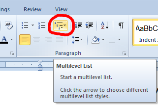 Screenshot showing the MS-Word multi-level list selection.