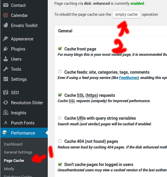 Wordpress » Performace » Page Cache » Empty Cache