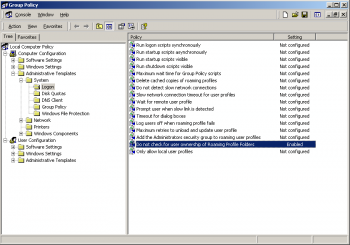 Sample of the Console when opened with the Logon open and the Do not check for user ownership of Roaming Profile Folders