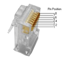 RJ45 with pin numbers, pin 1 is on the left when the RJ45 holder is at the top (pins at the bottom).