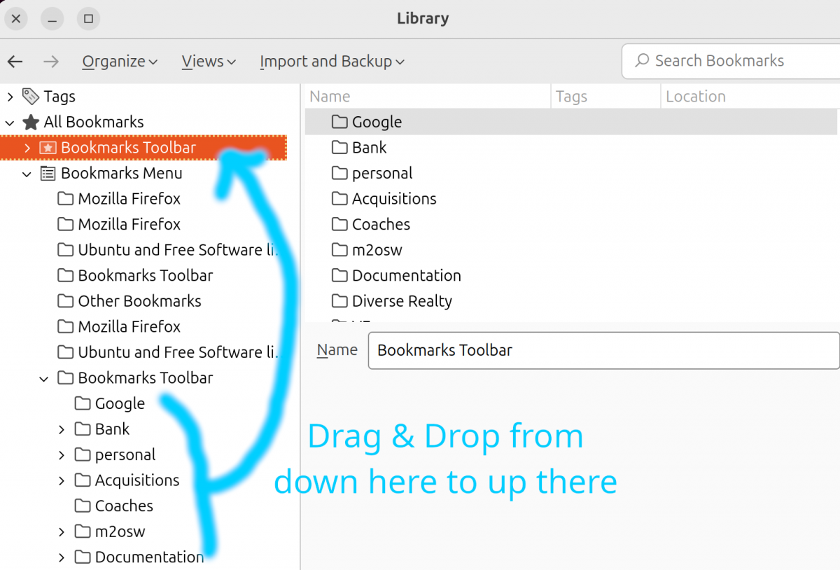 How to move your imported bookmarks to your bookmark toolbar in Firefox