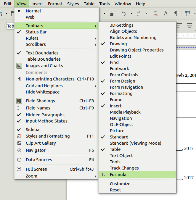 Screenshot showing where the Formula toolbar is found in Open Office Writer