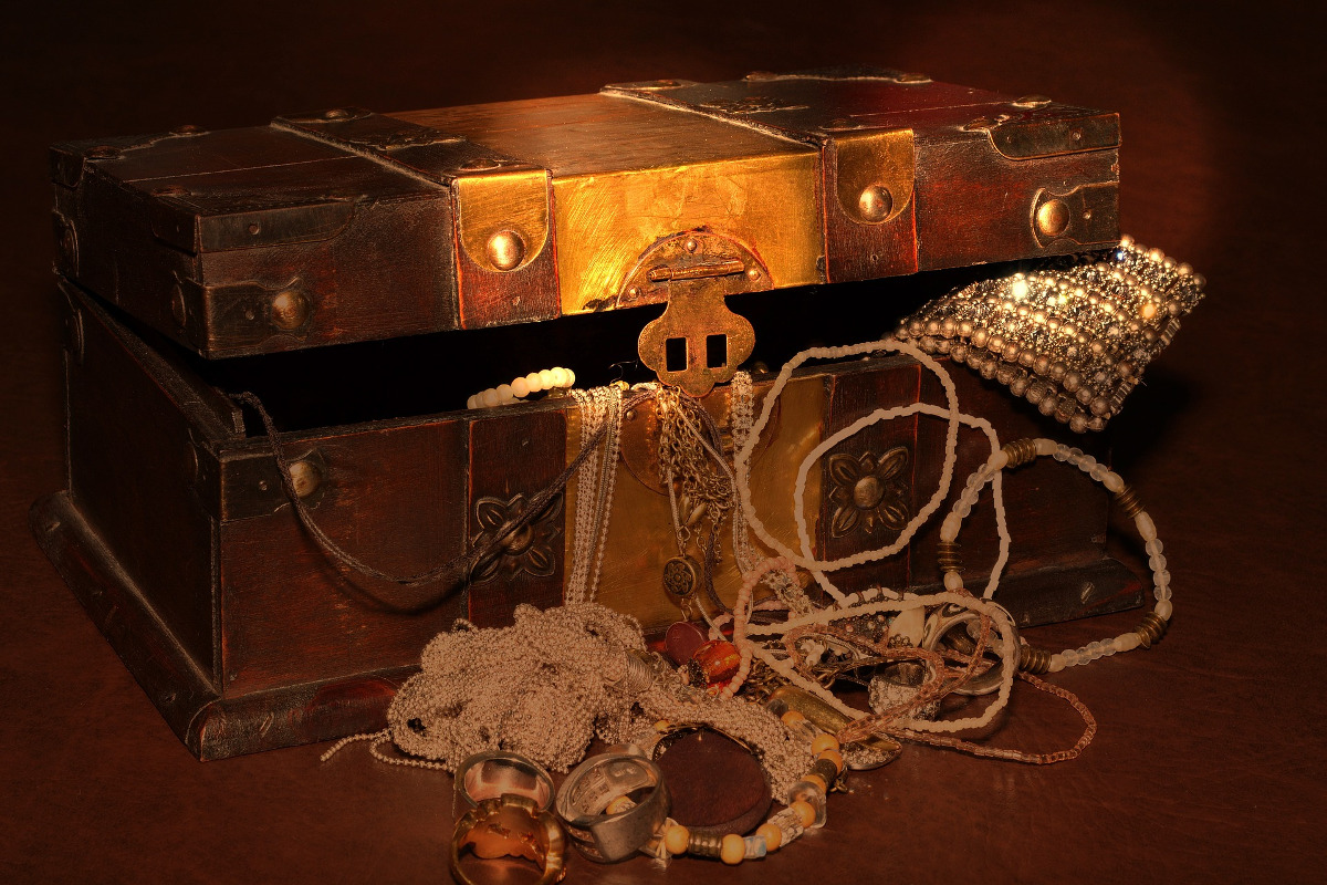 A treasure chest full of coins, jewels, and ornaments.